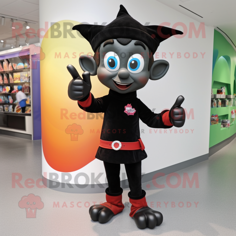 Black Elf mascot costume character dressed with a Playsuit and Cummerbunds Black Elf mascot costume character dressed with a Playsuit and Cummerbunds