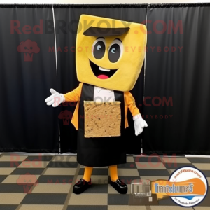 Black Grilled Cheese Sandwich mascot costume character dressed with a Skirt and Pocket squares