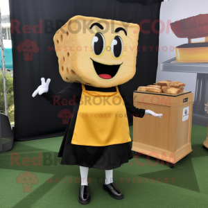 Black Grilled Cheese Sandwich mascot costume character dressed with a Skirt and Pocket squares