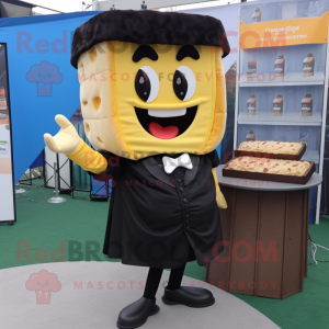 Black Grilled Cheese Sandwich mascot costume character dressed with a Skirt and Pocket squares