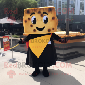 Black Grilled Cheese Sandwich mascot costume character dressed with a Skirt and Pocket squares