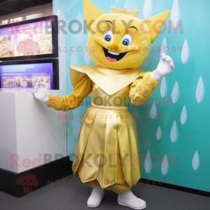 Gold Tooth Fairy mascot costume character dressed with a Shift Dress and Mittens