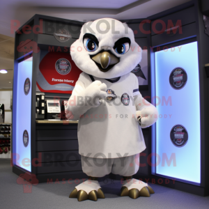 Cream Falcon mascot costume character dressed with a Henley Tee and Coin purses