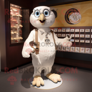 Cream Falcon mascot costume character dressed with a Henley Tee and Coin purses