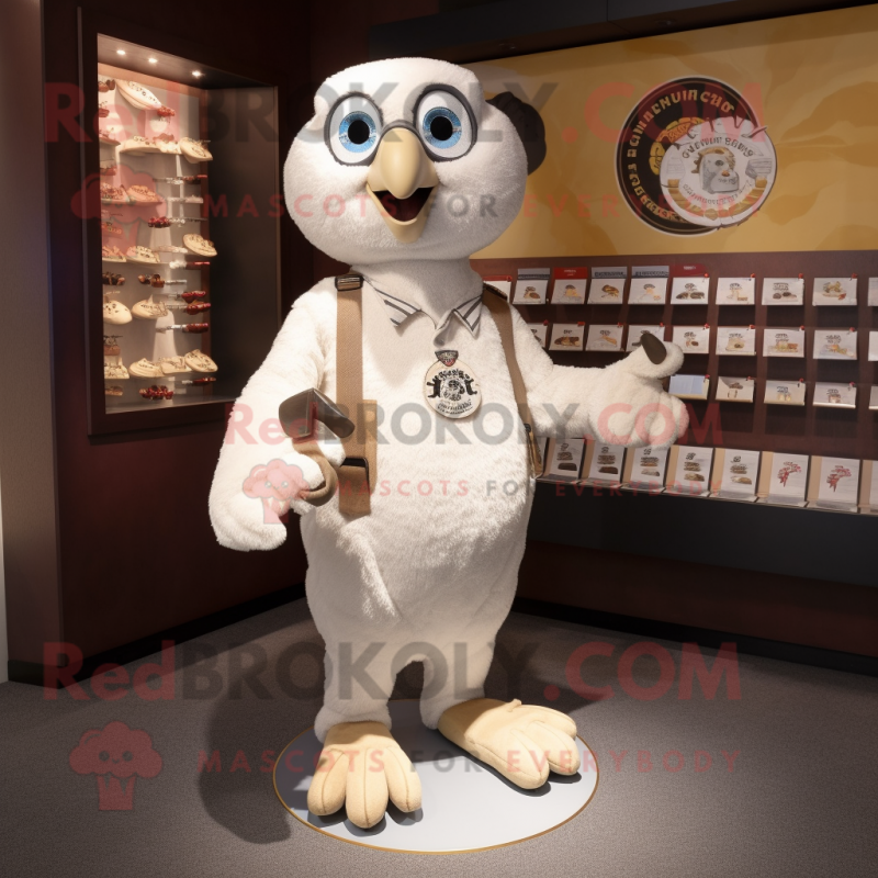 Cream Falcon mascot costume character dressed with a Henley Tee and Coin purses Cream Falcon mascot costume character dressed with a Henley Tee and Coin purses