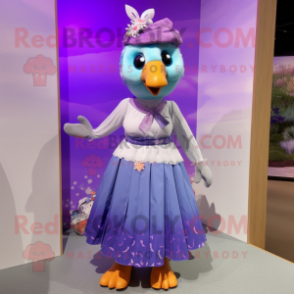 Lavender Dove mascot costume character dressed with a Maxi Skirt and Headbands