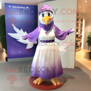 Lavender Dove mascot costume character dressed with a Maxi Skirt and Headbands