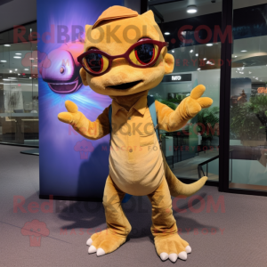 Brown Geckos mascot costume character dressed with a Flare Jeans and Eyeglasses