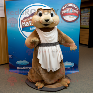 Tan Marmot mascot costume character dressed with a Circle Skirt and Shawls