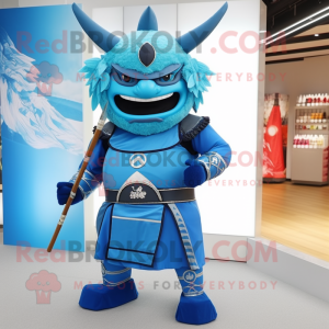 Blue Samurai mascot costume character dressed with a Shorts and Earrings