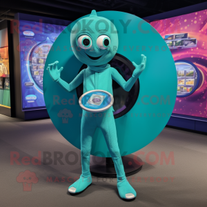 Teal Plate Spinner mascot costume character dressed with a Bodysuit and Bracelets