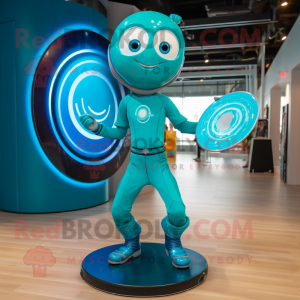 Teal Plate Spinner mascot costume character dressed with a Bodysuit and Bracelets