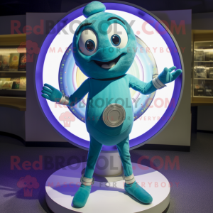 Teal Plate Spinner mascot costume character dressed with a Bodysuit and Bracelets