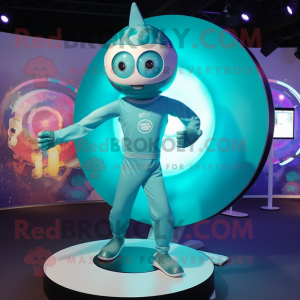 Teal Plate Spinner mascot costume character dressed with a Bodysuit and Bracelets