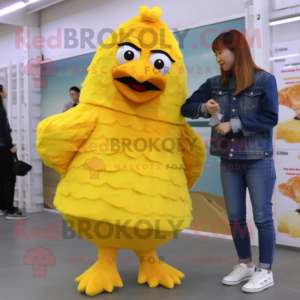 Yellow Fried Chicken mascot costume character dressed with a Boyfriend Jeans and Foot pads