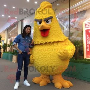 Yellow Fried Chicken mascot costume character dressed with a Boyfriend Jeans and Foot pads