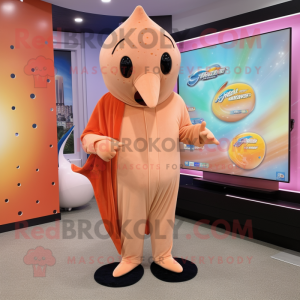 Peach Stingray mascot costume character dressed with a Jumpsuit and Lapel pins