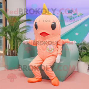 Peach Stingray mascot costume character dressed with a Jumpsuit and Lapel pins