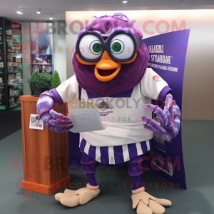 Lavender Hermit Crab mascot costume character dressed with a Rugby Shirt and Reading glasses