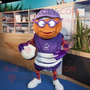 Lavender Hermit Crab mascot costume character dressed with a Rugby Shirt and Reading glasses