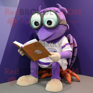 Lavender Hermit Crab mascot costume character dressed with a Rugby Shirt and Reading glasses