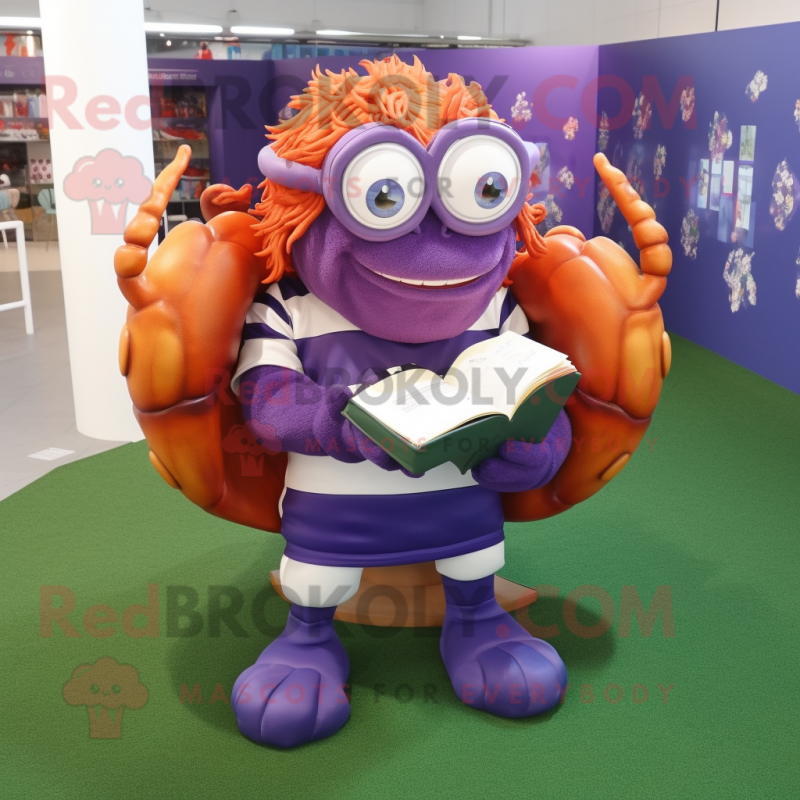 Lavender Hermit Crab mascot costume character dressed with a Rugby Shirt and Reading glasses