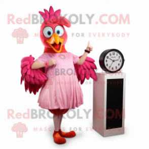 Pink Rooster mascot costume character dressed with a Pleated Skirt and Smartwatches