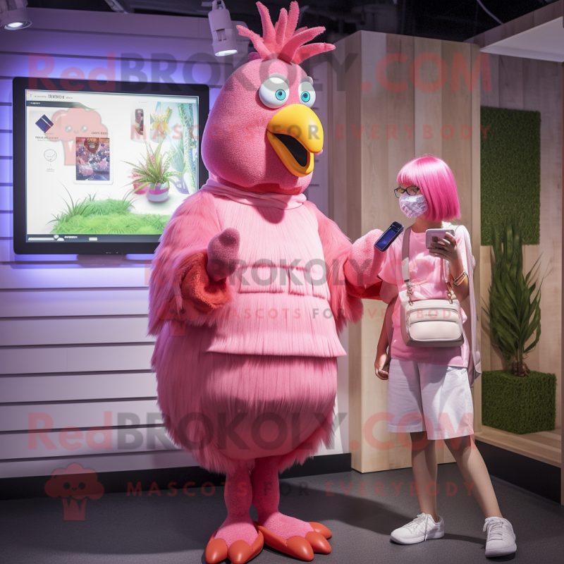 Pink Rooster mascot costume character dressed with a Pleated Skirt and Smartwatches