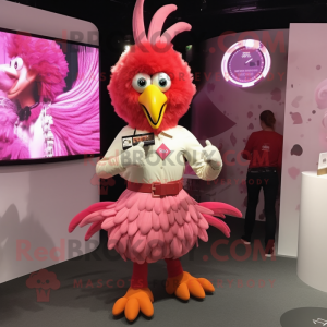 Pink Rooster mascot costume character dressed with a Pleated Skirt and Smartwatches