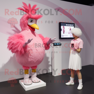 Pink Rooster mascot costume character dressed with a Pleated Skirt and Smartwatches