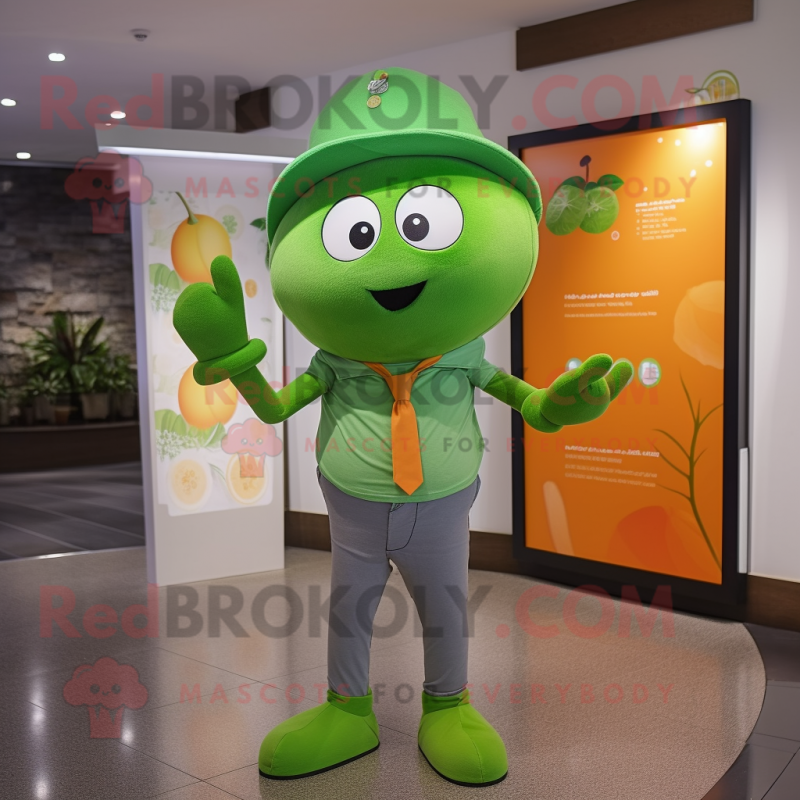 Green Mandarin mascot costume character dressed with a Skinny Jeans and Ties