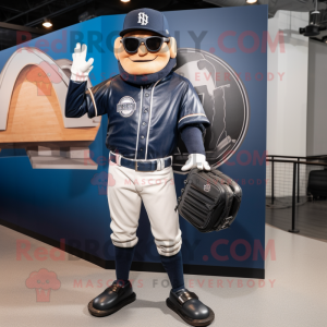 Navy Baseball Glove mascot costume character dressed with a Biker Jacket and Briefcases