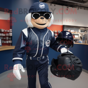 Navy Baseball Glove mascot costume character dressed with a Biker Jacket and Briefcases
