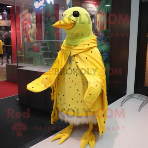 Lemon Yellow Woodpecker mascot costume character dressed with a Raincoat and Shawl pins