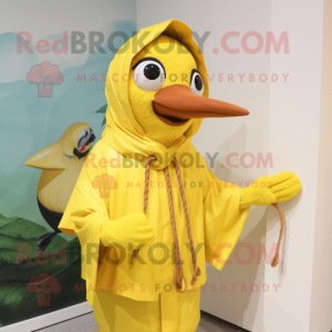 Lemon Yellow Woodpecker mascot costume character dressed with a Raincoat and Shawl pins