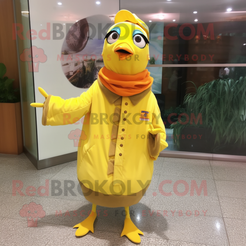 Lemon Yellow Woodpecker mascot costume character dressed with a Raincoat and Shawl pins