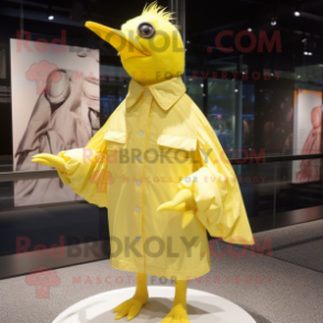 Lemon Yellow Woodpecker mascot costume character dressed with a Raincoat and Shawl pins