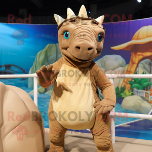 Tan Triceratops mascot costume character dressed with a One-Piece Swimsuit and Scarves