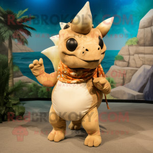 Tan Triceratops mascot costume character dressed with a One-Piece Swimsuit and Scarves
