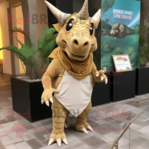 Tan Triceratops mascot costume character dressed with a One-Piece Swimsuit and Scarves