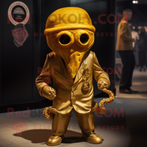 Gold Kraken mascot costume character dressed with a Coat and Cufflinks