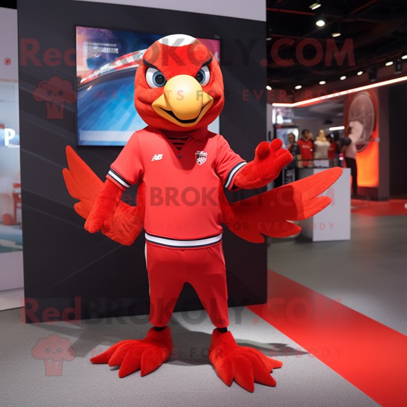 Red Falcon mascot costume character dressed with a Polo Tee and Hair clips