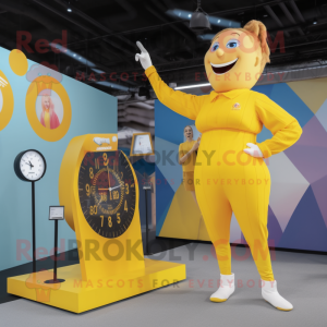Yellow Trapeze Artist mascot costume character dressed with a Culottes and Digital watches