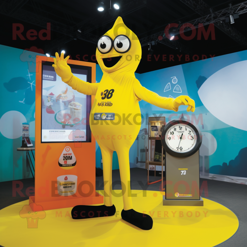 Yellow Trapeze Artist mascot costume character dressed with a Culottes and Digital watches