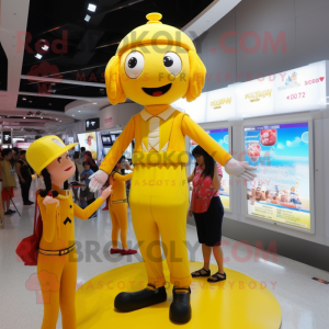 Yellow Trapeze Artist mascot costume character dressed with a Culottes and Digital watches