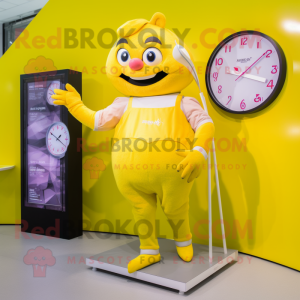 Yellow Trapeze Artist mascot costume character dressed with a Culottes and Digital watches