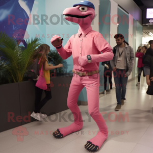 Pink Deinonychus mascot costume character dressed with a Skinny Jeans and Bracelet watches