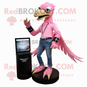 Pink Deinonychus mascot costume character dressed with a Skinny Jeans and Bracelet watches
