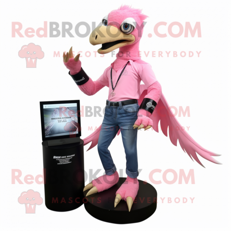 Pink Deinonychus mascot costume character dressed with a Skinny Jeans and Bracelet watches Pink Deinonychus mascot costume character dressed with a Skinny Jeans and Bracelet watches