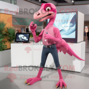 Pink Deinonychus mascot costume character dressed with a Skinny Jeans and Bracelet watches